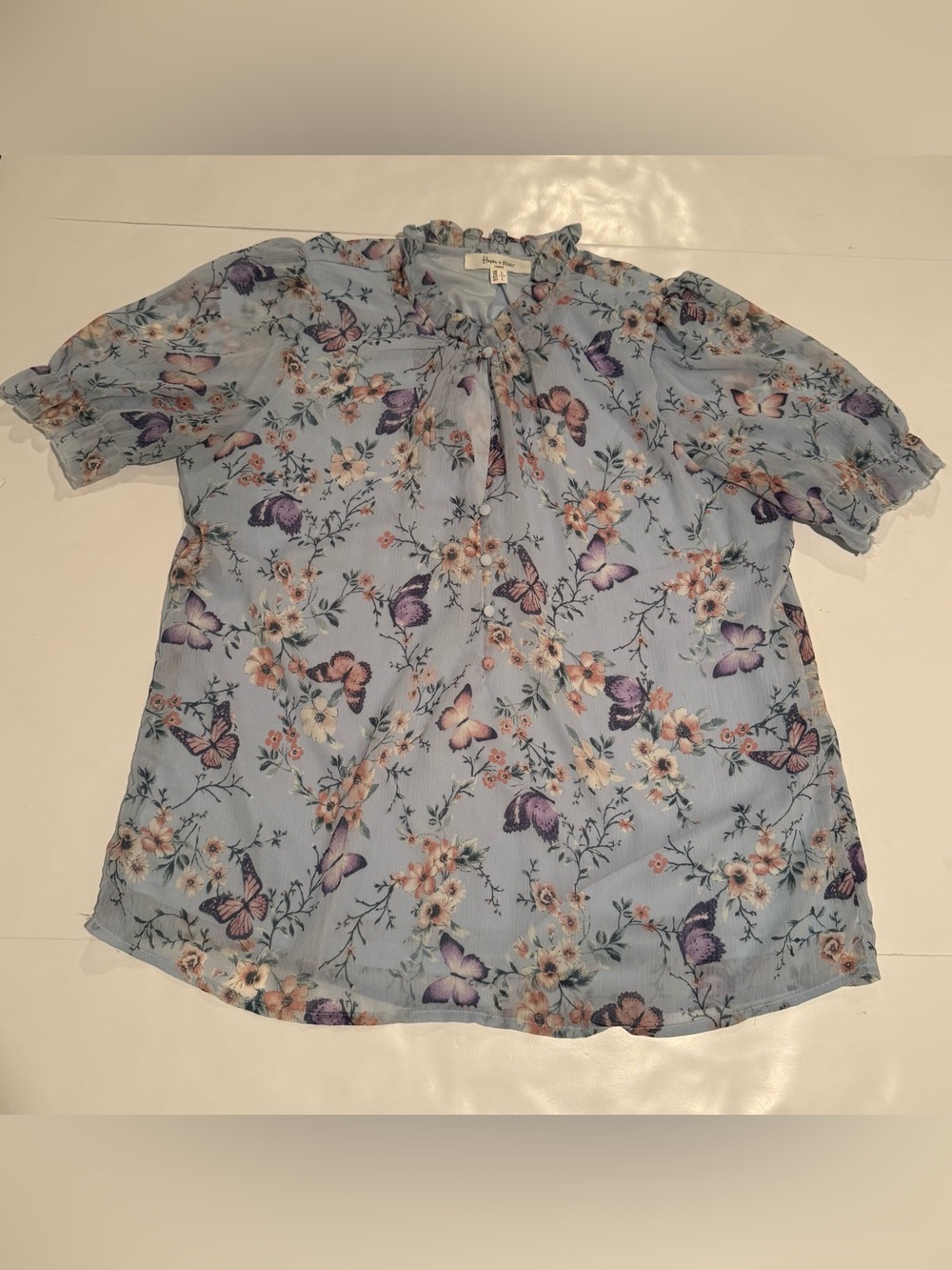 Light Blue Floral & Butterfly Button Neck Blouse